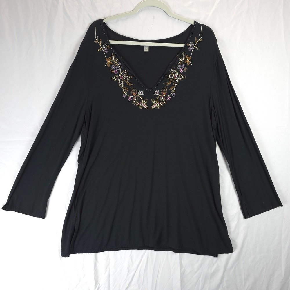 J Jill‎ Black Embroidered V Neck Long Sleeve Tunic Top XL Stretch Rayon Lycra